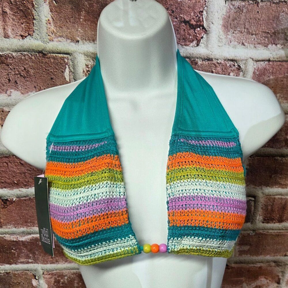 Wild‎ Fable Green Crochet Bikini Top Small Striped Knit Swimwear NEW Tag Error